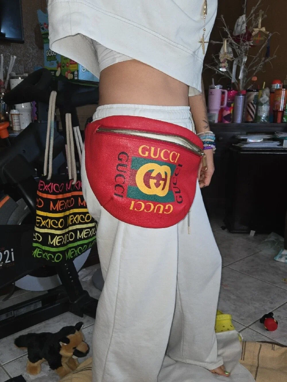 Gucci Red Logo Canvas Belt Bag with Green & Yellow Emblem